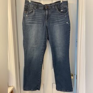 Democracy Dark Blue Straight Leg Jeans slightly distressed.